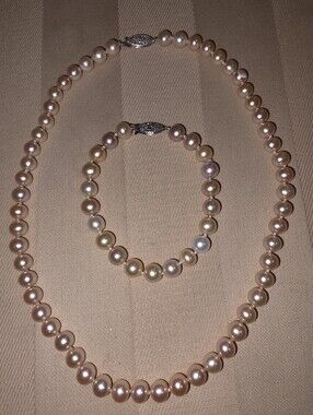 SALTWATER PINK CULTURED PEARLS SET BRACELET 7.5 IN NECKLACE 17 IN 925 CLASPS